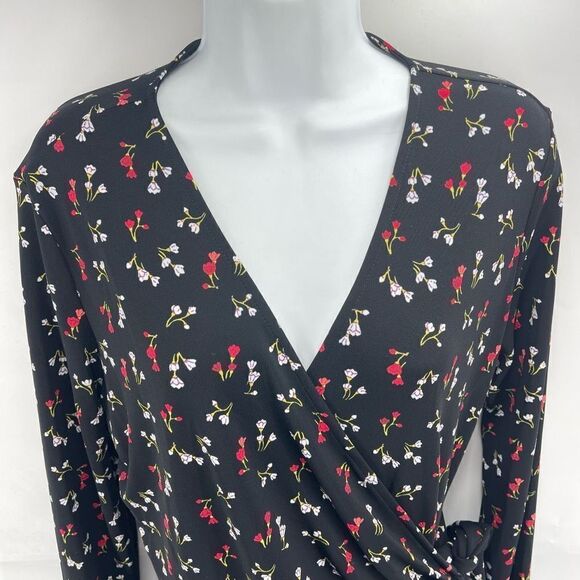 Lark & Ro Black floral long sleeve true wrap dress large dainty floral flowers m - Picture 11 of 16